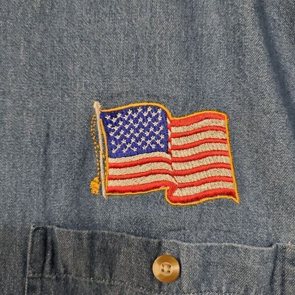 Vtg 1250 North Shirt Mens Large Blue Denim U.S. Army Amwrican Flag Button Down - Picture 6 of 10